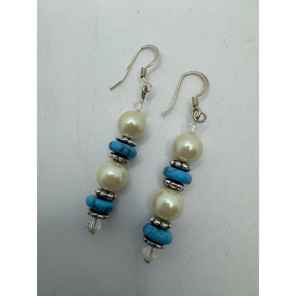 Chaps Faux Pearl Turquoise Multi Strand Necklace and Earring Set Silver Tone